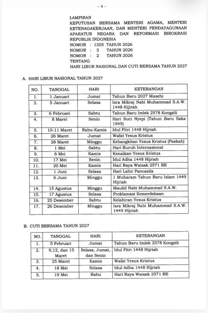 SKB 3 Menteri Libur Nasional dan Cuti Bersama Tahun 2027